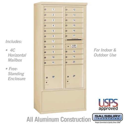 Maximum Height Free-Standing 4C Horizontal Mailbox with 20 Doors and 2 Parcel Lockers in Sandstone