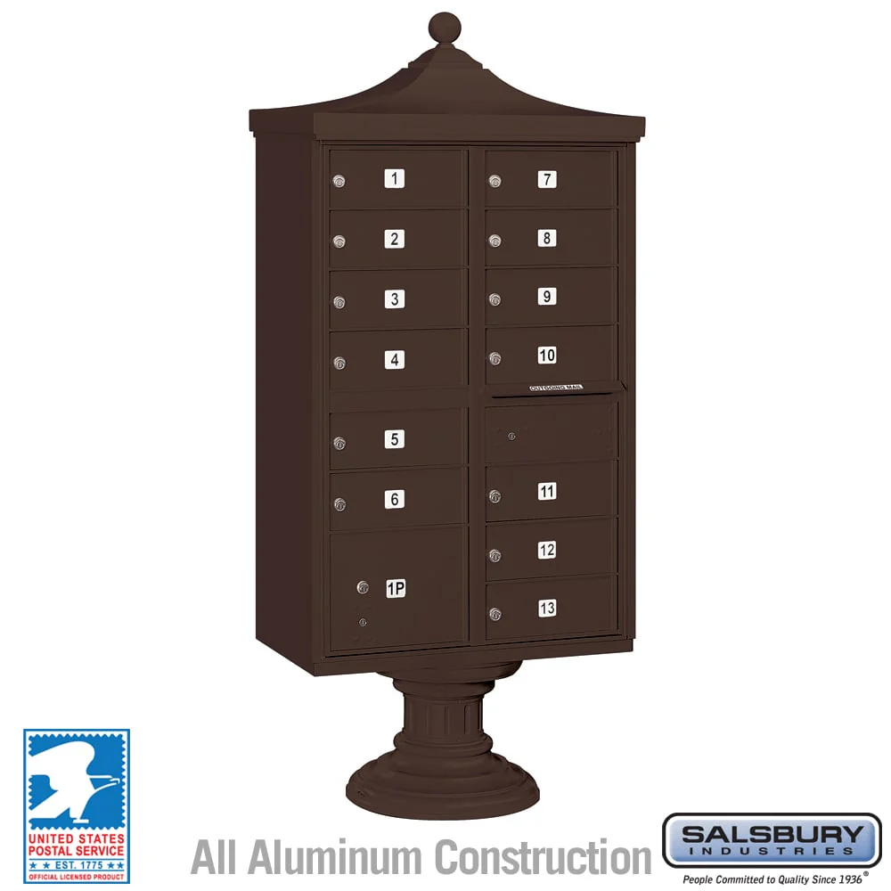 Salsbury Regency Decorative Cluster Box Unit, 13 Doors + 1 Parcel Locker, Bronze, USPS Access