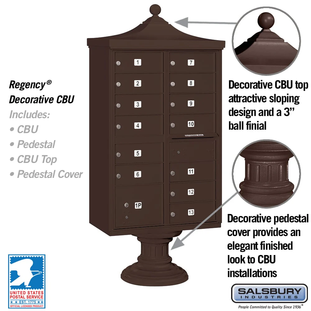 Salsbury Regency Decorative Cluster Box Unit, 13 Doors + 1 Parcel Locker, Bronze, USPS Access - Image 2
