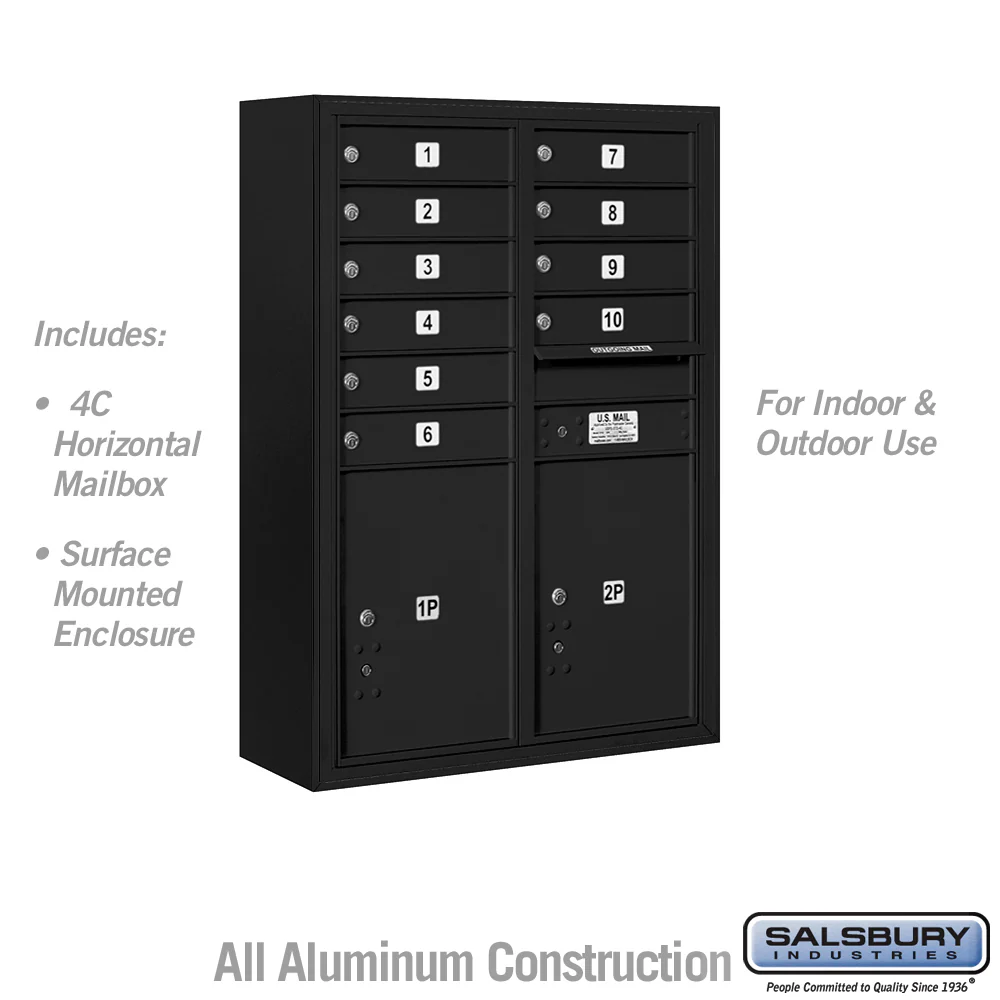 Salsbury Surface Mounted 4C Horizontal Mailbox Unit, Double Column, Black, Front Loading, USPS Access