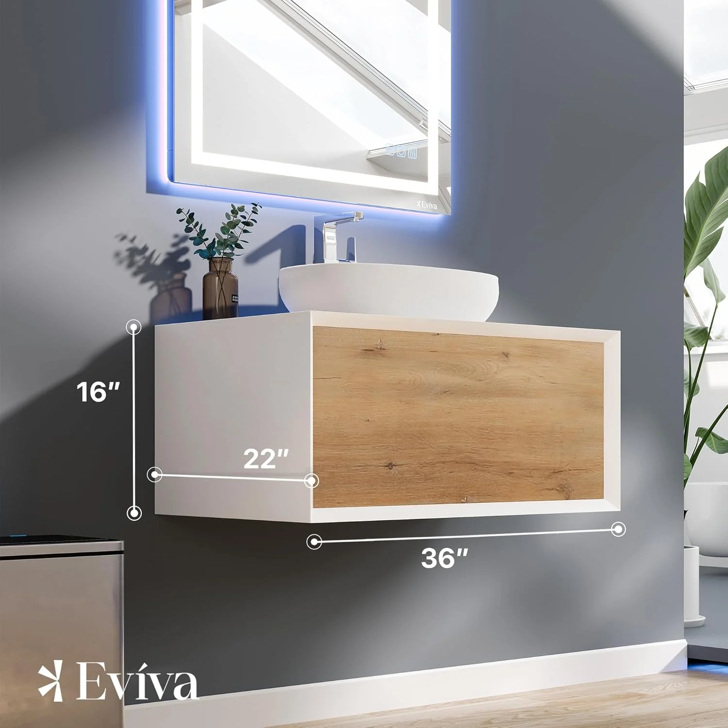 Eviva Santa Monica 36 in. W x 22 in. D x 16 in. H Wall-Mount Single Bath Vanity in White with White Vessel Sink
