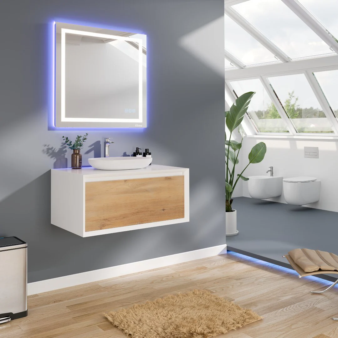 Eviva Santa Monica 36 in. W x 22 in. D x 16 in. H Wall-Mount Single Bathroom Vanity in White Oak/White with White Vessel Sink - Image 2