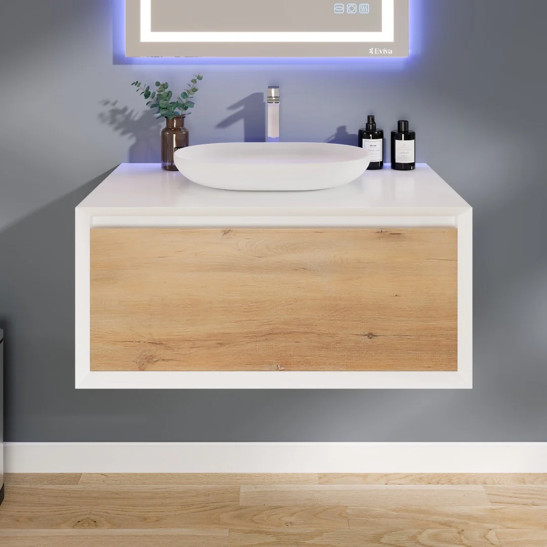 Eviva Santa Monica 36 in. W x 22 in. D x 16 in. H Wall-Mount Single Bathroom Vanity in White Oak/White with White Vessel Sink - Image 4