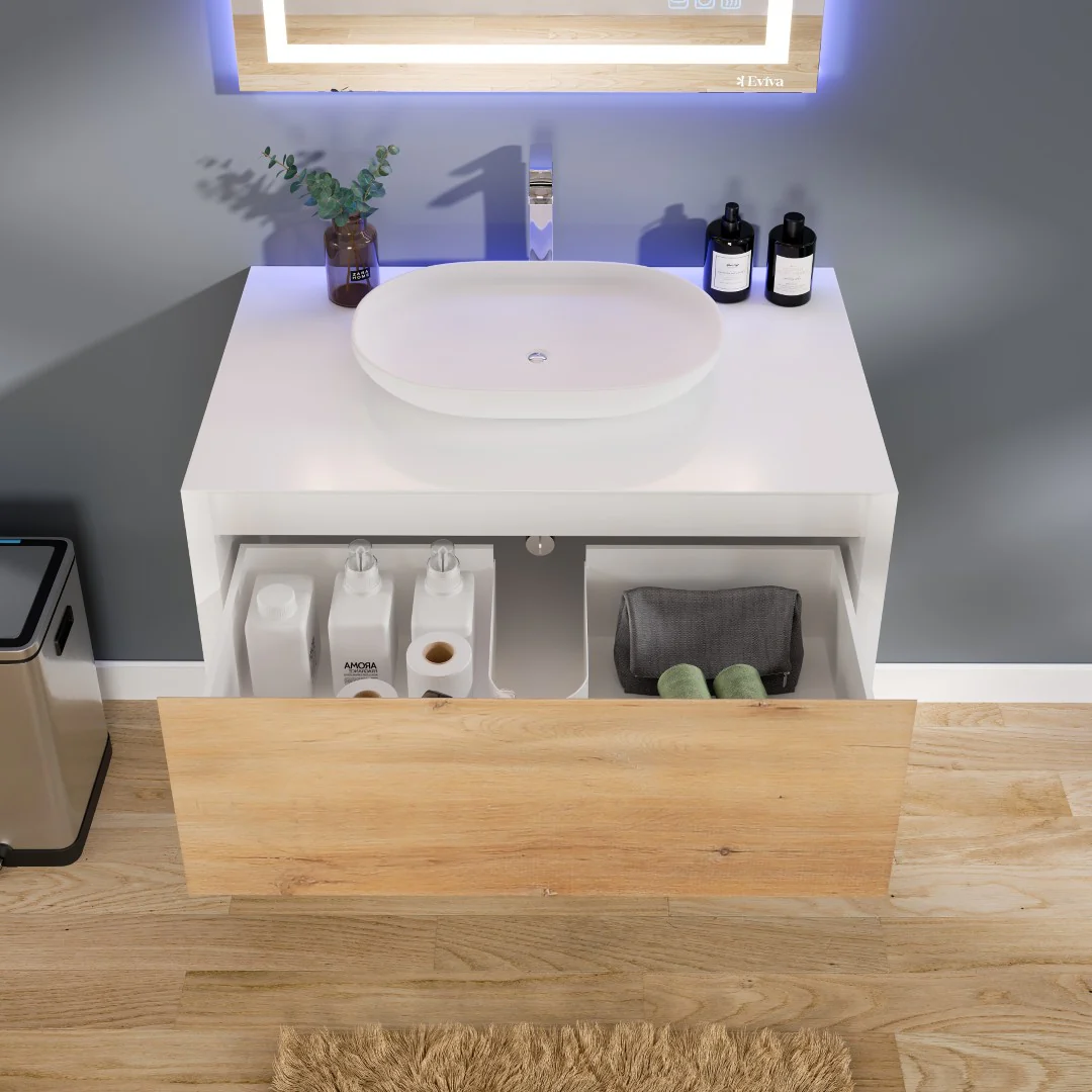 Eviva Santa Monica 36 in. W x 22 in. D x 16 in. H Wall-Mount Single Bathroom Vanity in White Oak/White with White Vessel Sink - Image 7