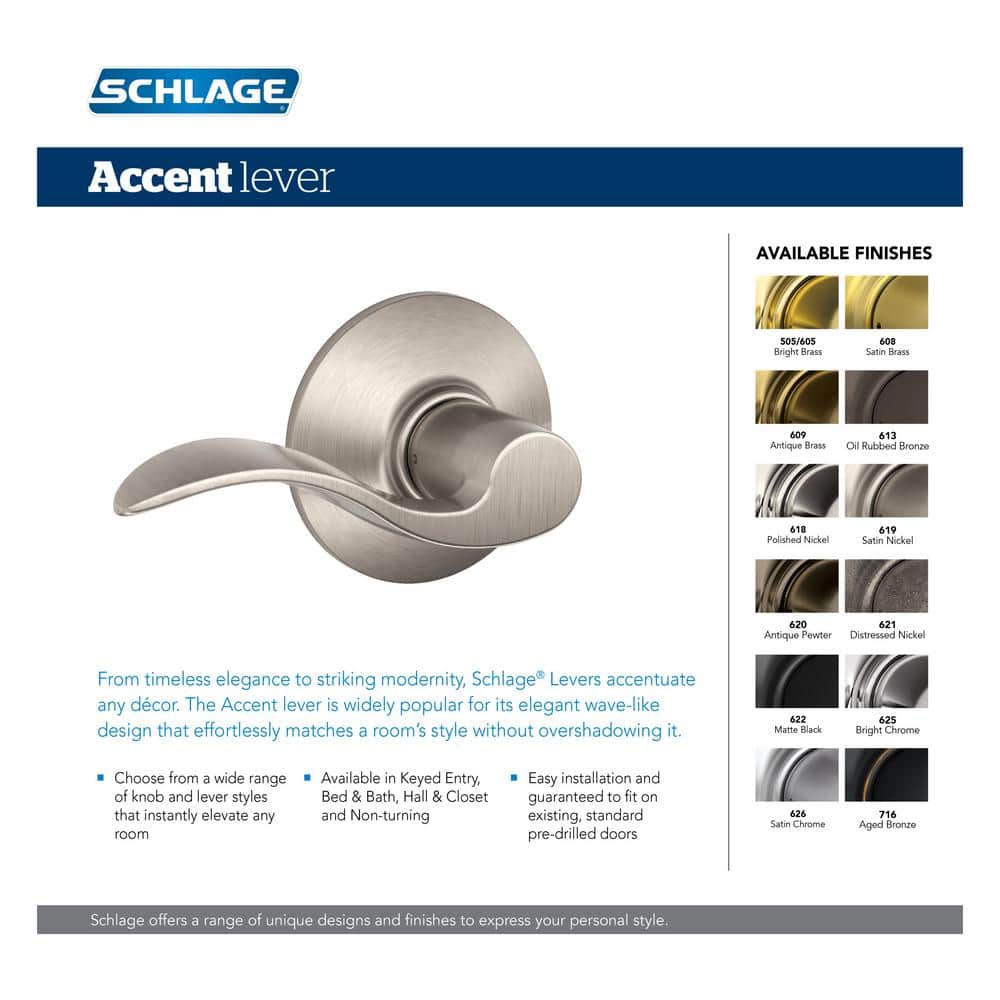 Schlage Accent Satin Nickel Right-Handed Dummy Door Lever with Camelot Trim - Image 2