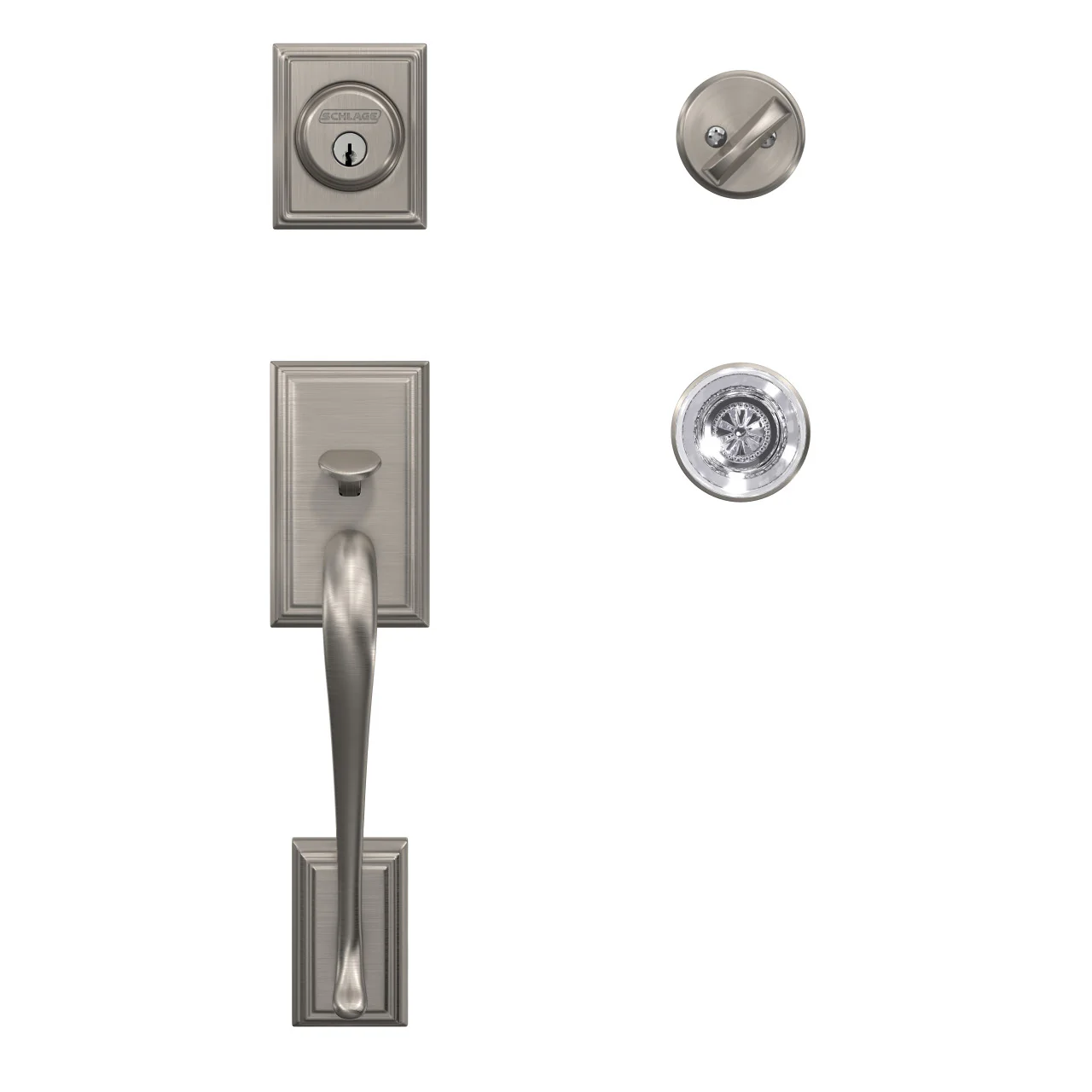 Schlage Addison Satin Nickel Dummy Door Handleset with Hobson Glass Knob and Kinsler Trim - Image 2