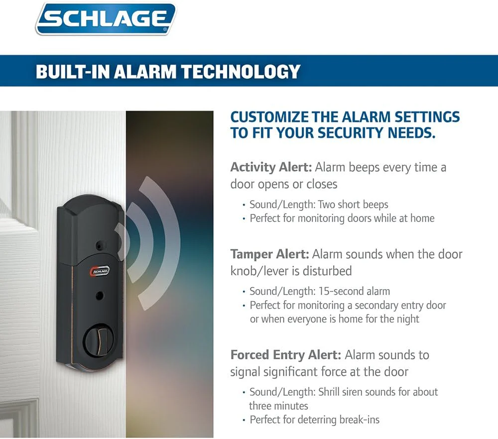 Schlage Camelot Aged Bronze Connect Smart Door Lock with Built-In Alarm and Accent Door Lever, Left-Hand - Image 3