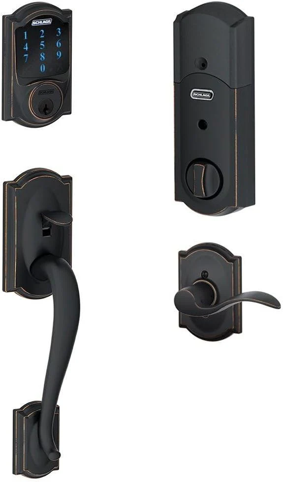 Schlage Camelot Aged Bronze Connect Smart Lock with Built‑In Alarm and Accent Lever Handleset, Left-Hand, Z-Wave