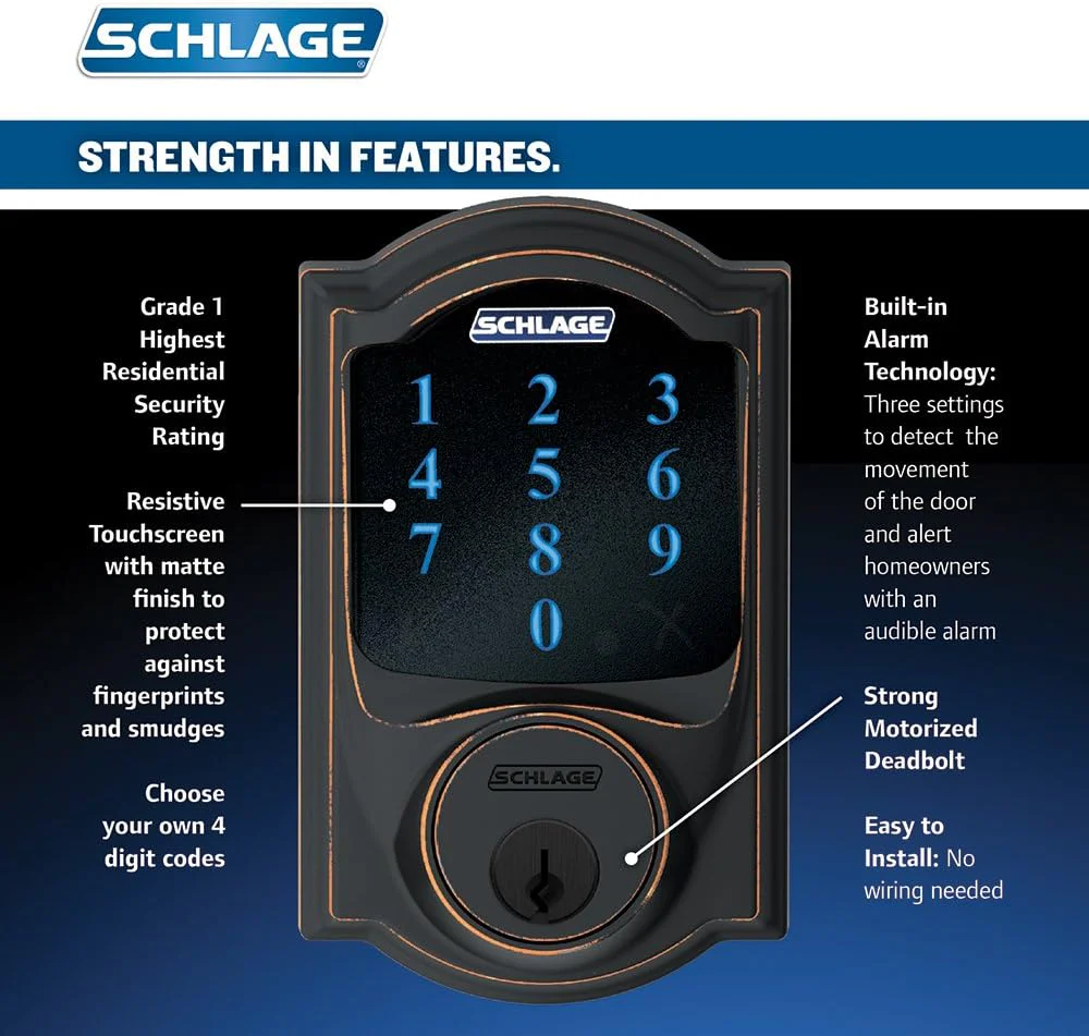 Schlage Camelot Aged Bronze Connect Z‑Wave Plus Smart Deadbolt & Camelot Handleset with Accent Lever, Camelot Trim - Image 2