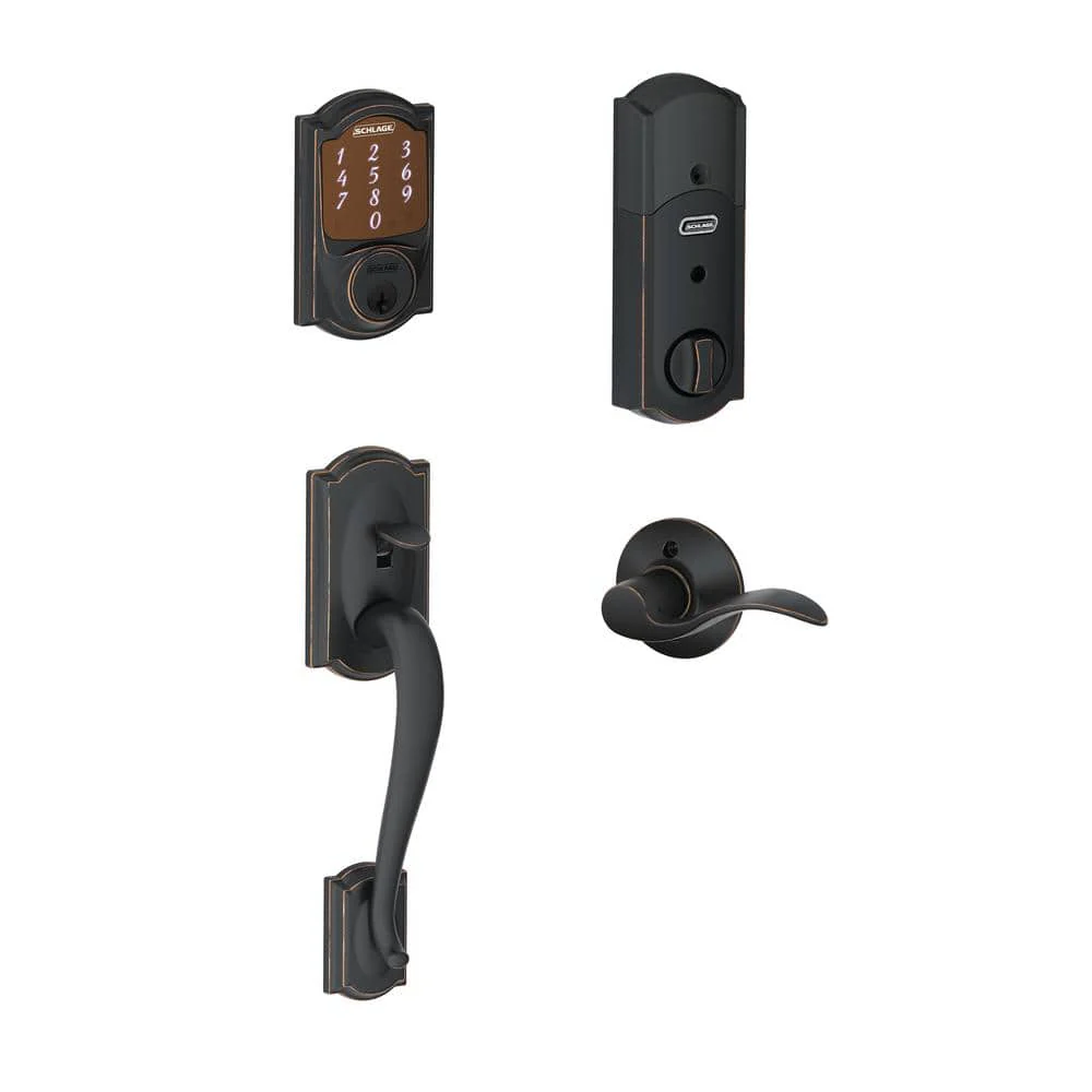 Schlage Camelot Aged Bronze Sense Smart Door Lock with Left-Handed Accent Lever Handleset