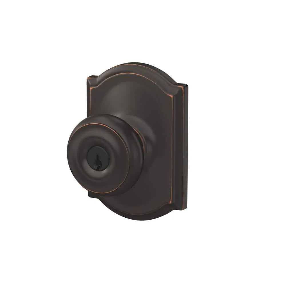 Schlage Camelot Aged Bronze Single Cylinder Deadbolt with Georgian Keyed Entry Door Knob Combo Pack - Image 2