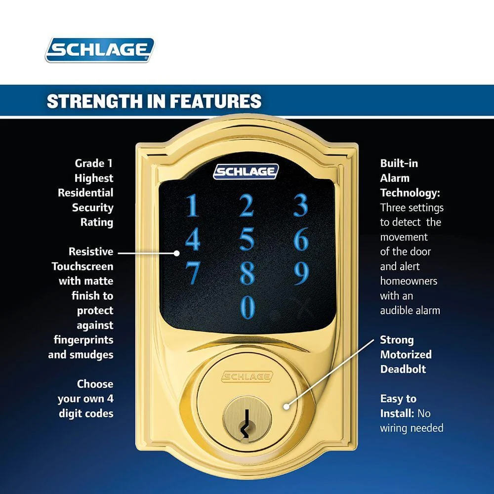 Schlage Camelot Bright Brass Connect Smart Lock with Alarm and Georgian Door Knob Handleset - Image 3