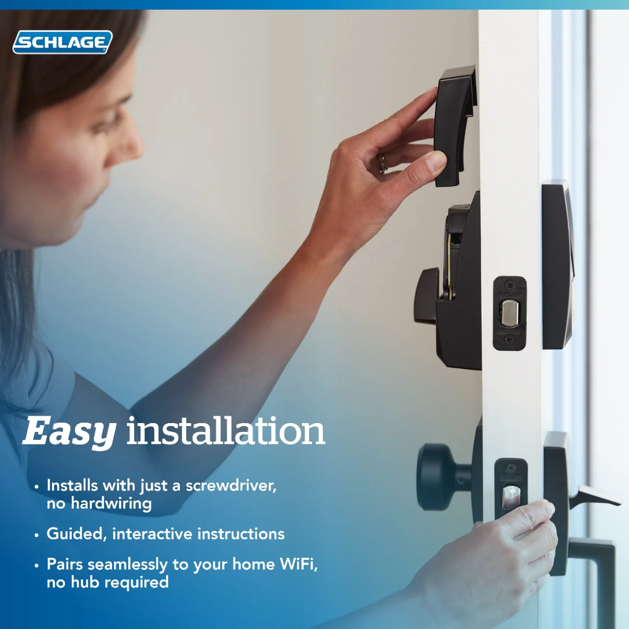 Schlage Camelot Matte Black Encode Smart WiFi Deadbolt with Alarm and Camelot Handleset, Georgian Knob, Camelot Trim - Image 6