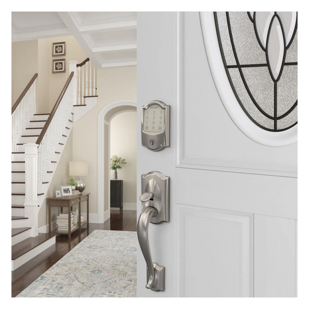 Schlage Camelot Satin Nickel Encode Smart Wi‑Fi Deadbolt with Alarm and Camelot Handleset with Accent Lever (Camelot Trim) - Image 3