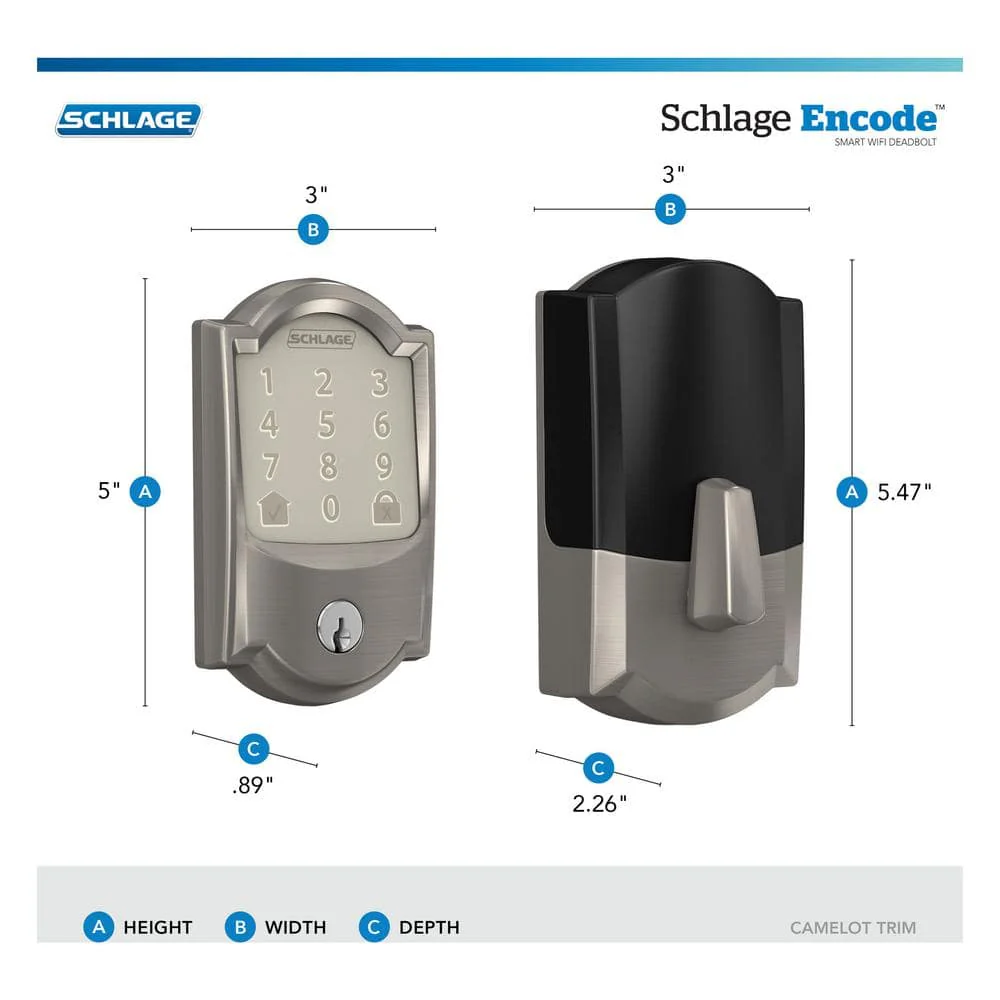 Schlage Camelot Satin Nickel Encode Smart Wi‑Fi Deadbolt with Alarm and Camelot Handleset with Accent Lever (Camelot Trim) - Image 4