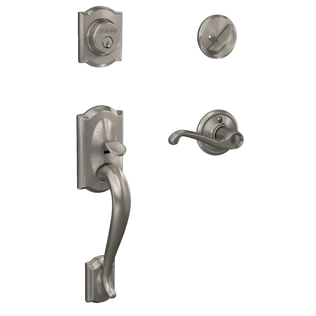 Schlage Camelot Satin Nickel Single Cylinder Deadbolt with Left-Handed Flair Lever Handleset - Image 2