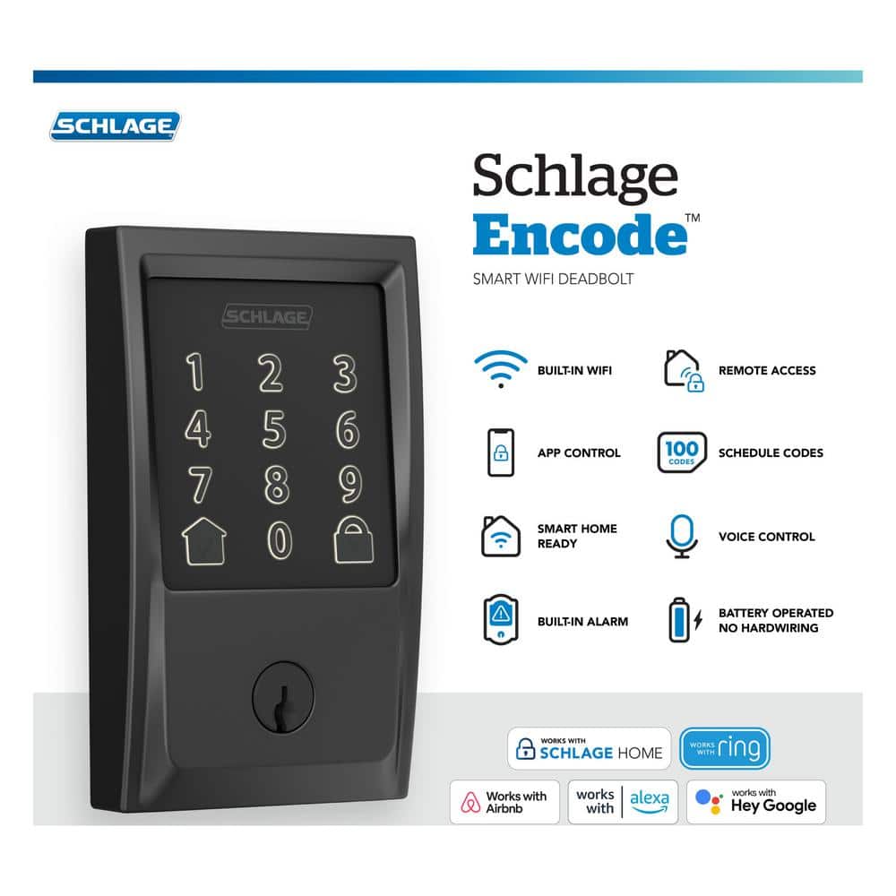 Schlage Century Encode Smart WiFi Deadbolt Door Lock with Alarm and Latitude Lever Handleset in Matte Black - Image 2
