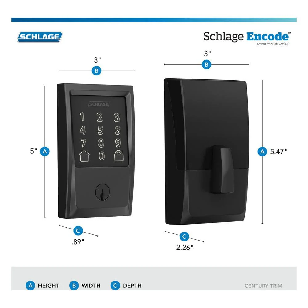 Schlage Century Encode Smart WiFi Deadbolt Door Lock with Alarm and Latitude Lever Handleset in Matte Black - Image 4