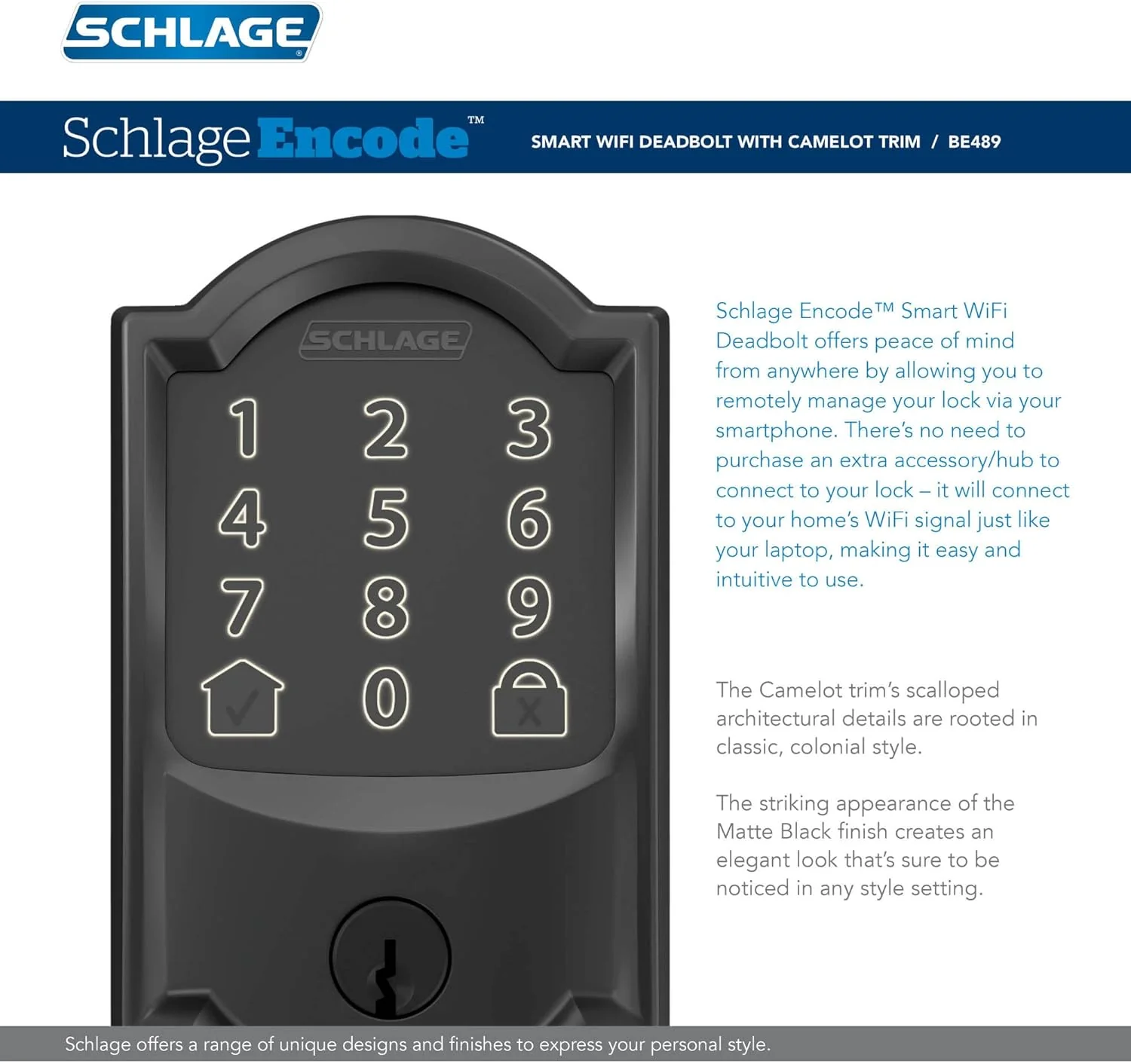 Schlage Century Matte Black Electronic Keyless Door Lock with Latitude Lever, FE695 CEN 622 LAT - Image 2