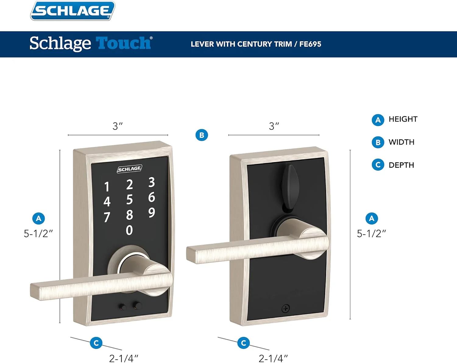 Schlage Century Matte Black Electronic Keyless Door Lock with Latitude Lever, FE695 CEN 622 LAT - Image 3