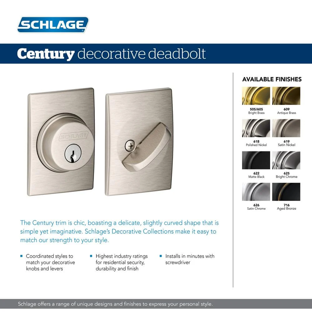 Schlage Century Matte Black Single Cylinder Deadbolt, B60 Series - Image 8