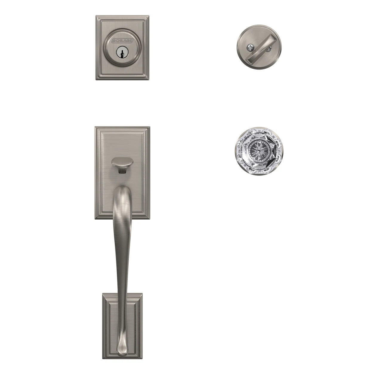 Schlage Custom Addison Satin Nickel Single Cylinder Door Handleset with Alexandria Glass Door Knob - Image 2