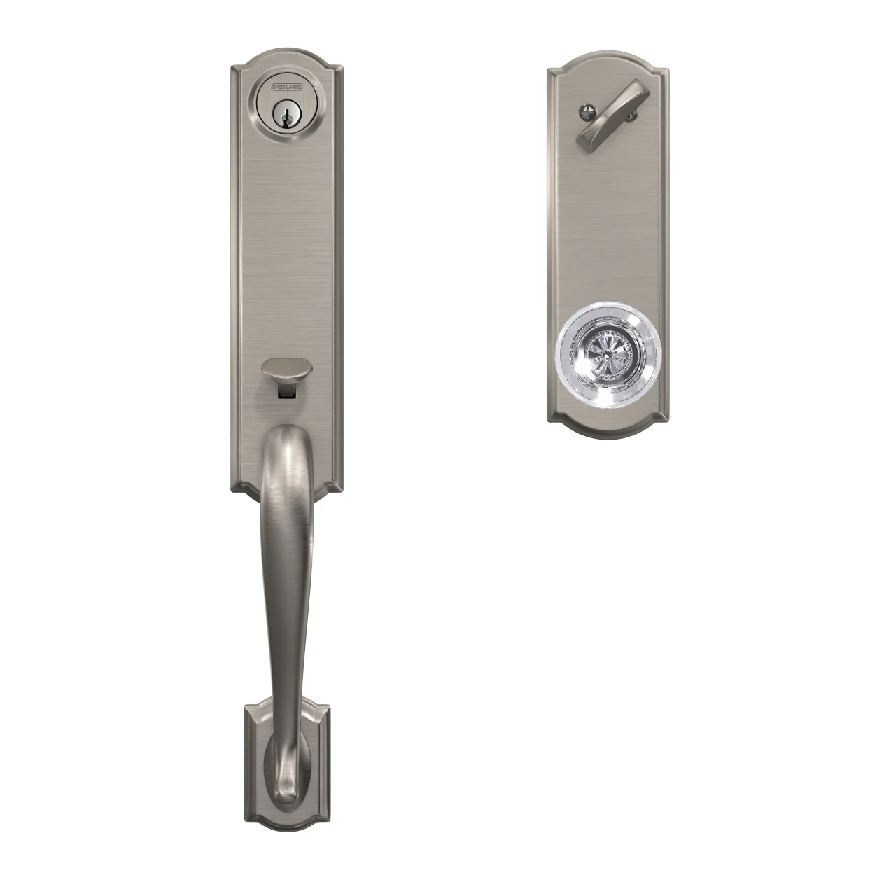 Schlage Custom Camelot Satin Nickel 3/4 Trim Single Cylinder Door Handleset with Hobson Glass Door Knob - Image 2