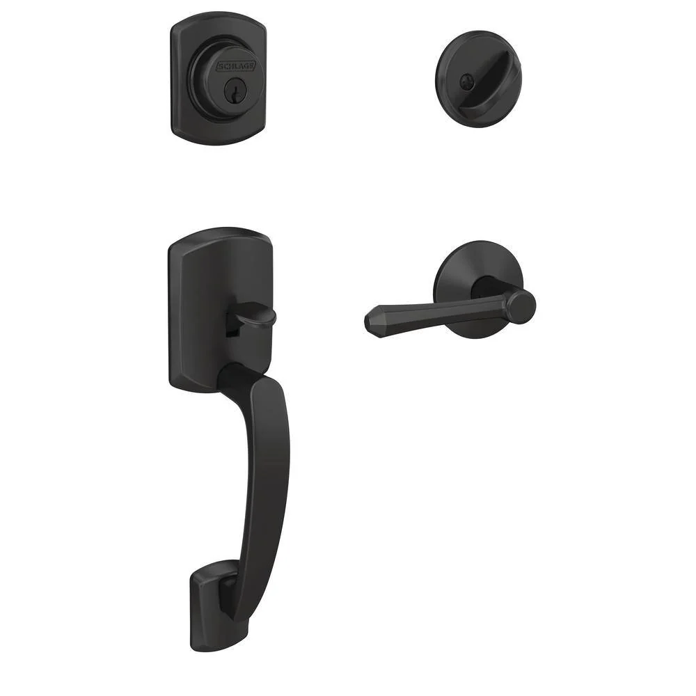 Schlage Custom Greenwich Matte Black Single Cylinder Door Handleset with Dempsey Door Lever