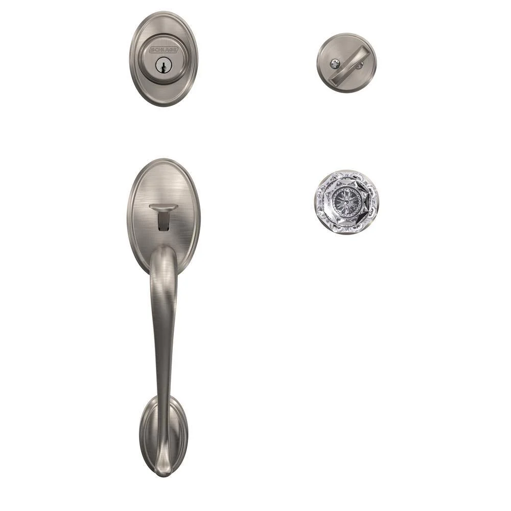 Schlage Custom Wakefield Satin Nickel Single Cylinder Door Handleset with Alexandria Glass Door Knob and Alden Trim - Image 2