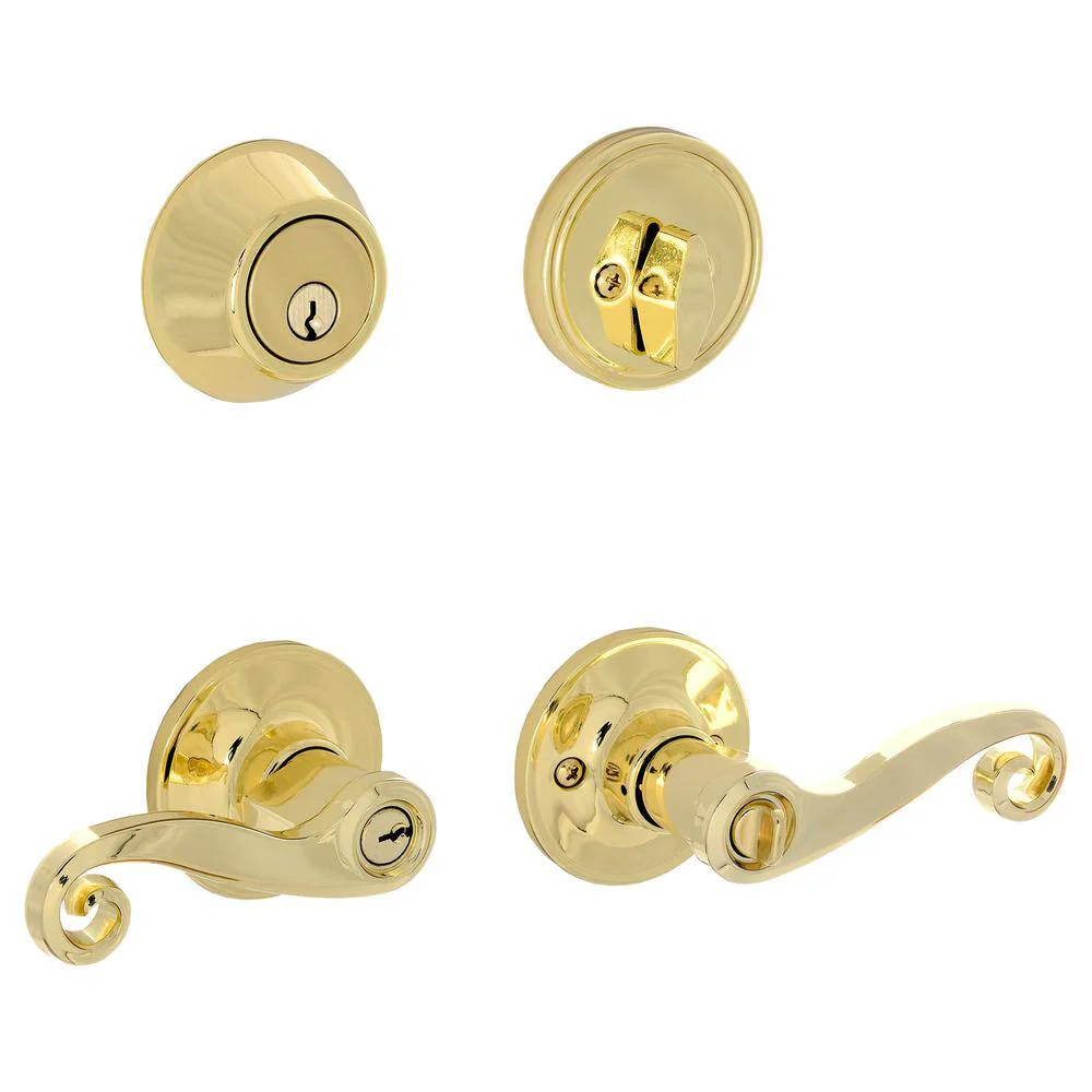 Schlage Essentials Acton Bright Brass Entry Single Cylinder Deadbolt & Keyed Lever Combo Pack (VC60 V ACT 605) - Image 2