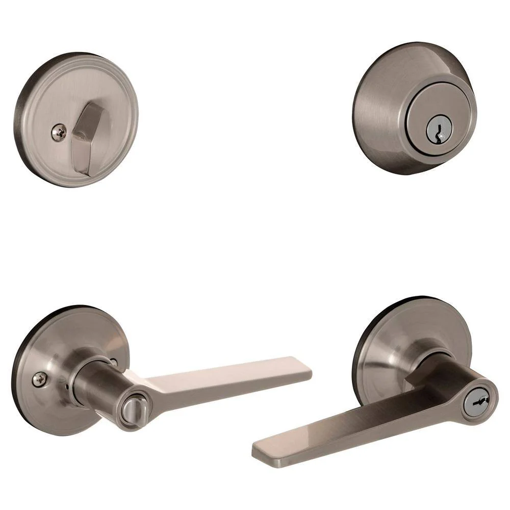Schlage ESSENTIALS Vining Satin Nickel Single Cylinder Deadbolt & Keyed Entry Lever Combo Pack - Image 2