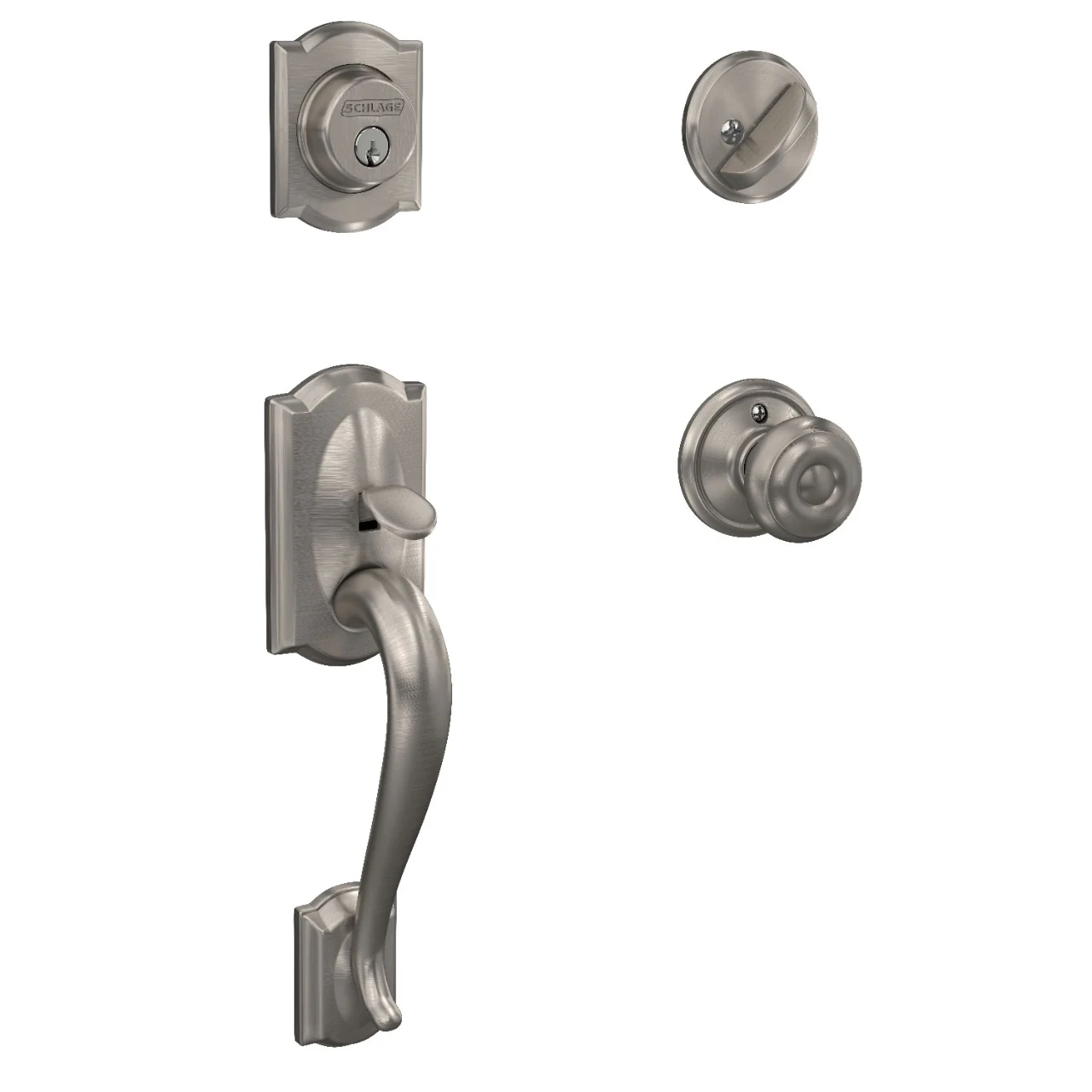 Schlage F60 Camelot Antique Brass Single-Cylinder Deadbolt Keyed Entry Door Handleset with Georgian Knob