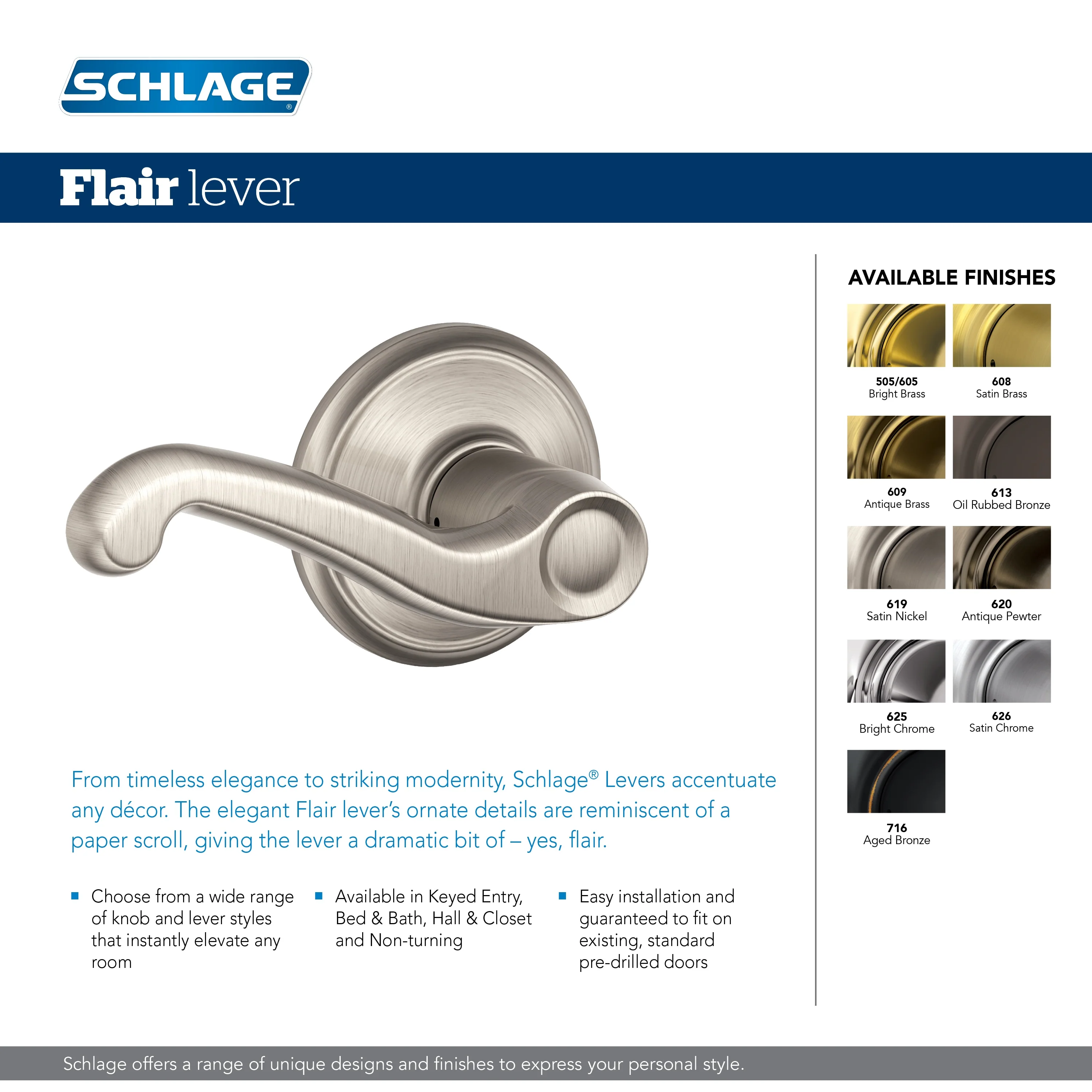 Schlage FB50 Flair Aged Bronze Single-Cylinder Deadbolt & Reversible Keyed Entry Door Lever Combo Pack - Image 2