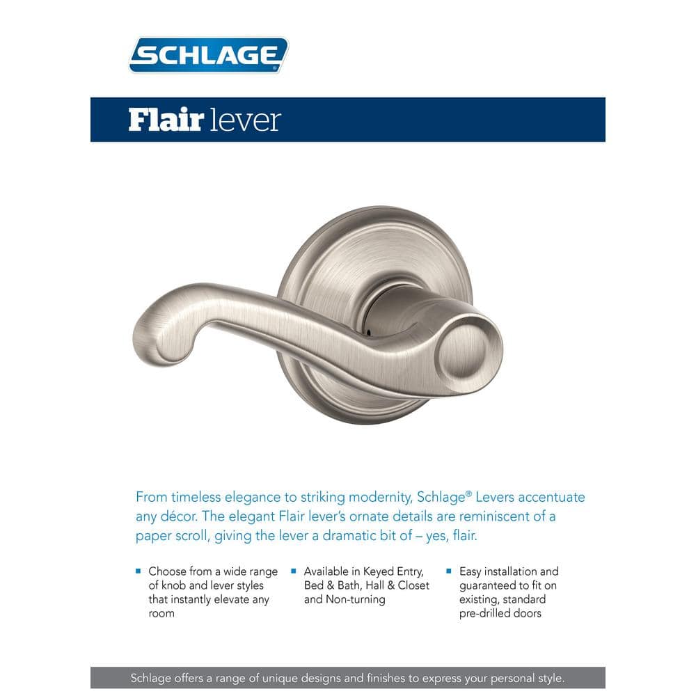 Schlage Flair Satin Nickel Privacy Bed/Bath Door Lever, F40 FLA 619 - Image 2