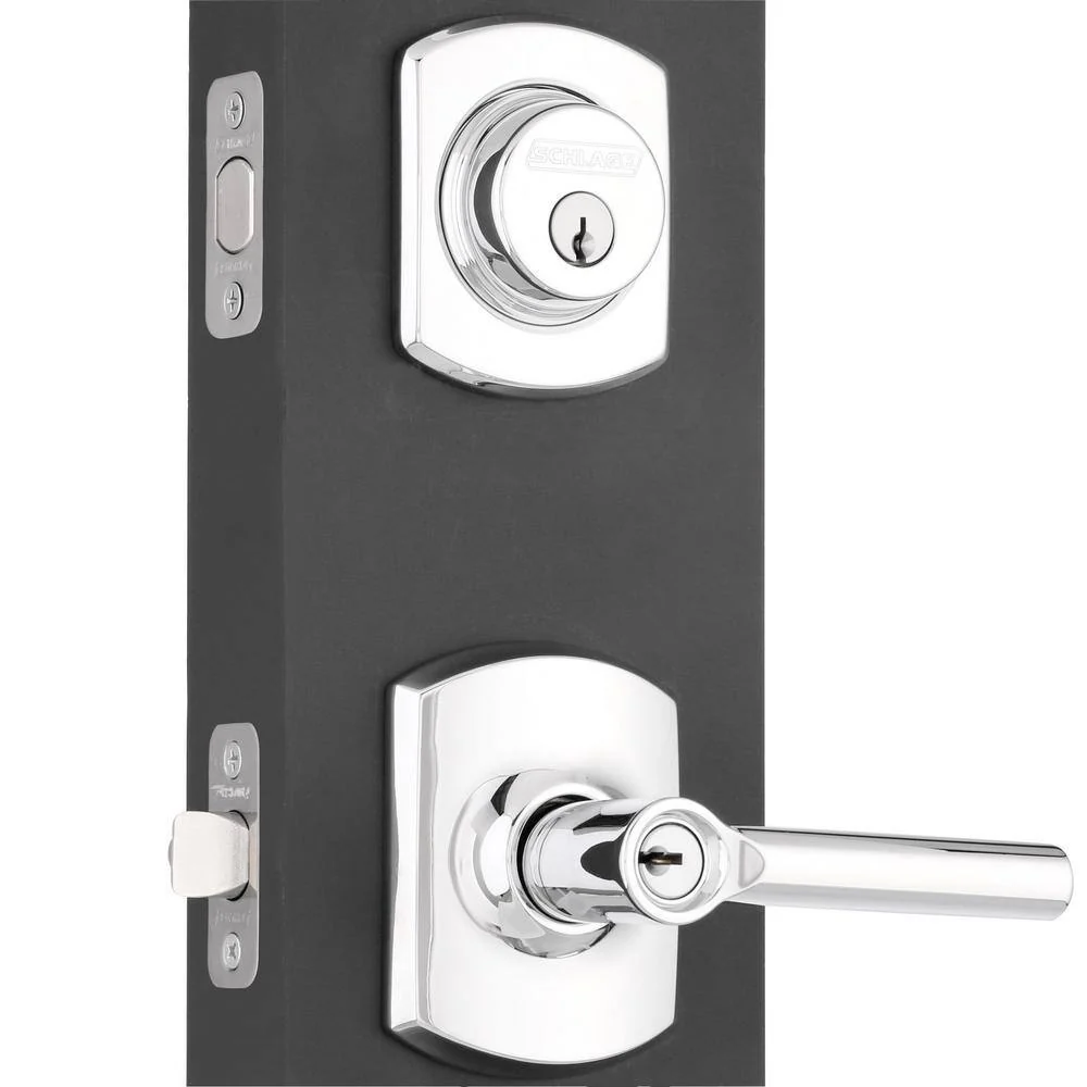 Schlage Greenwich Bright Chrome Single Cylinder Deadbolt with Broadway Entry Door Lever Combo Pack - Image 2