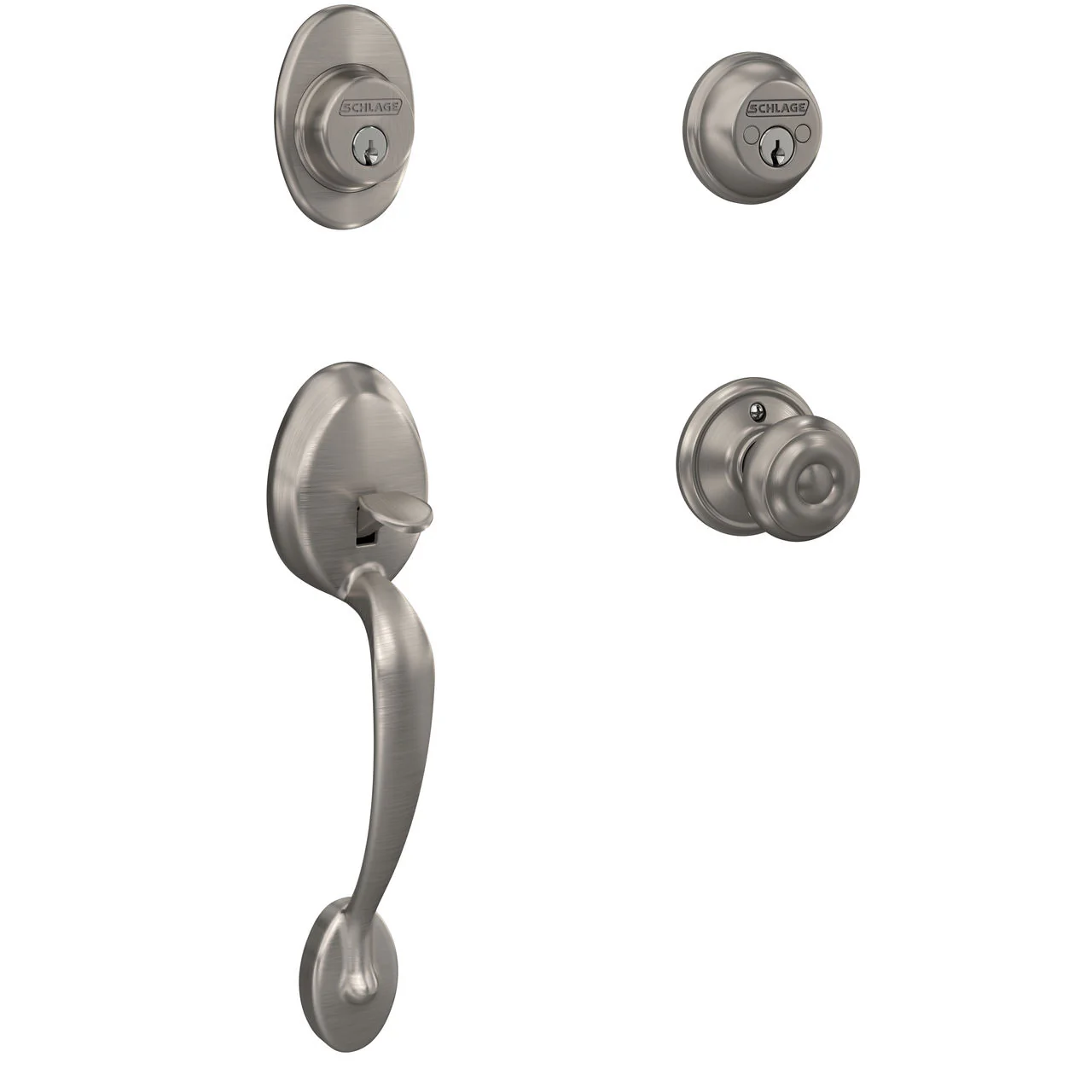 Schlage Plymouth Antique Pewter Double Cylinder Deadbolt with Georgian Knob Door Handleset
