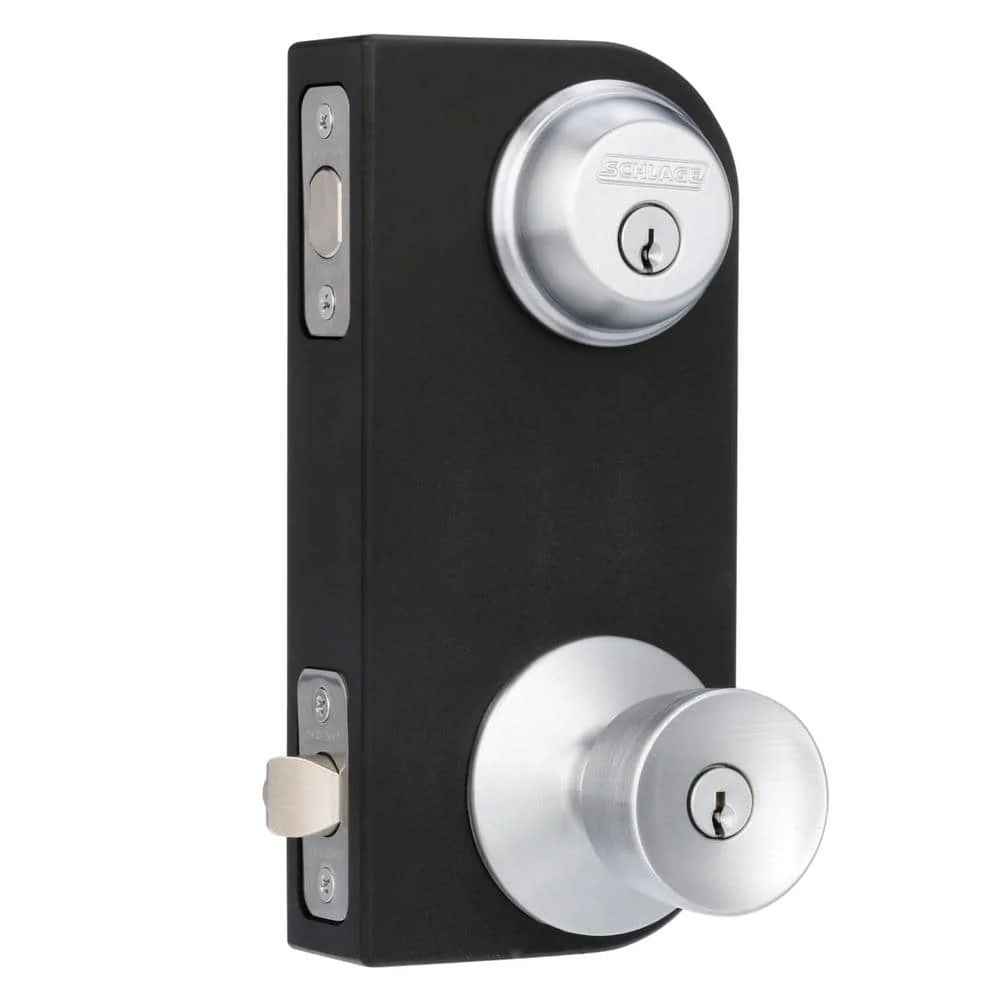 Schlage Satin Chrome Single Cylinder Deadbolt with Bell Entry Door Knob Combo Pack - Image 2