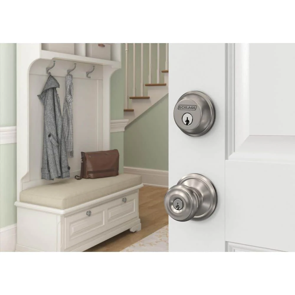 Schlage Wakefield Satin Nickel Single Cylinder Deadbolt with Georgian Keyed Entry Door Knob Combo Pack - Image 6