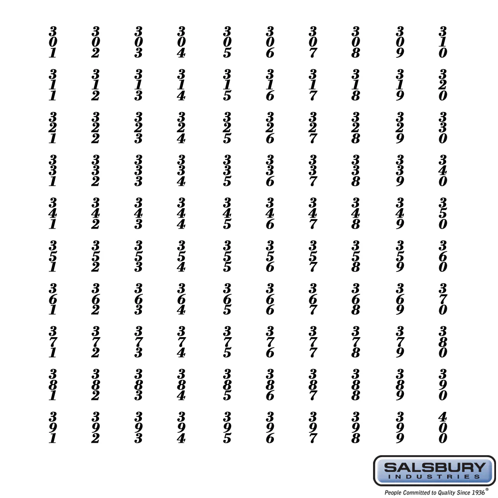 Self-Adhesive Numbers Sheet for Aluminum Mailboxes - 301 to 400 Series