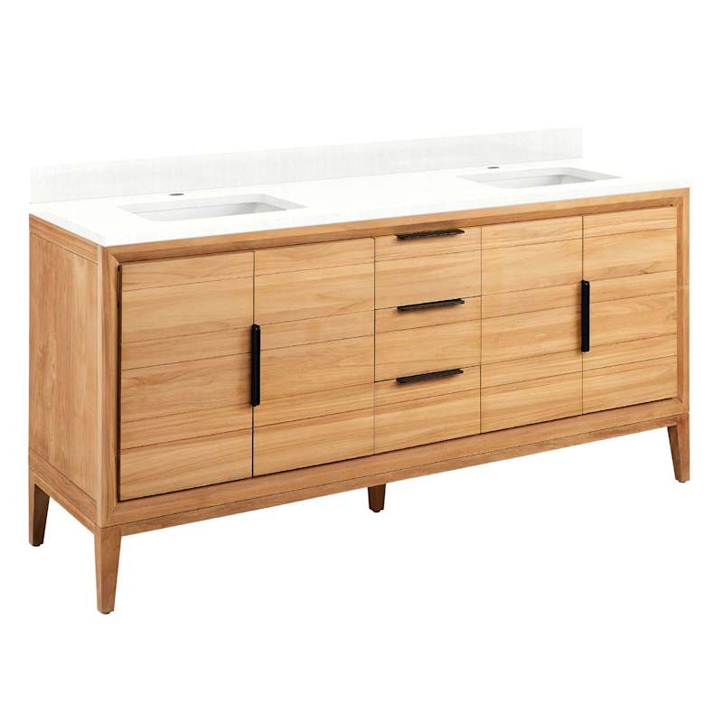 Signature Hardware Aliso 72" Freestanding Teak Double-Basin Vanity Set with Cabinet, Marble Top, and Rectangular Undermount Sinks – Single Faucet Holes
