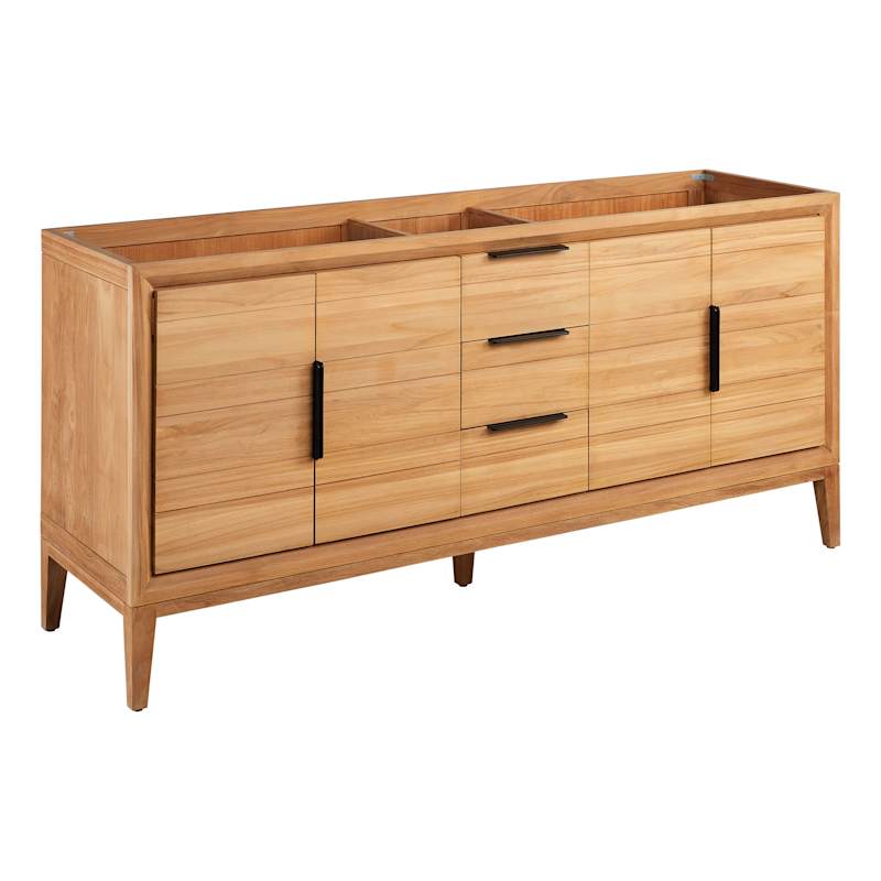 Signature Hardware Aliso 72" Freestanding Teak Double-Basin Vanity Set with Cabinet, Marble Top, and Rectangular Undermount Sinks – Single Faucet Holes - Image 2