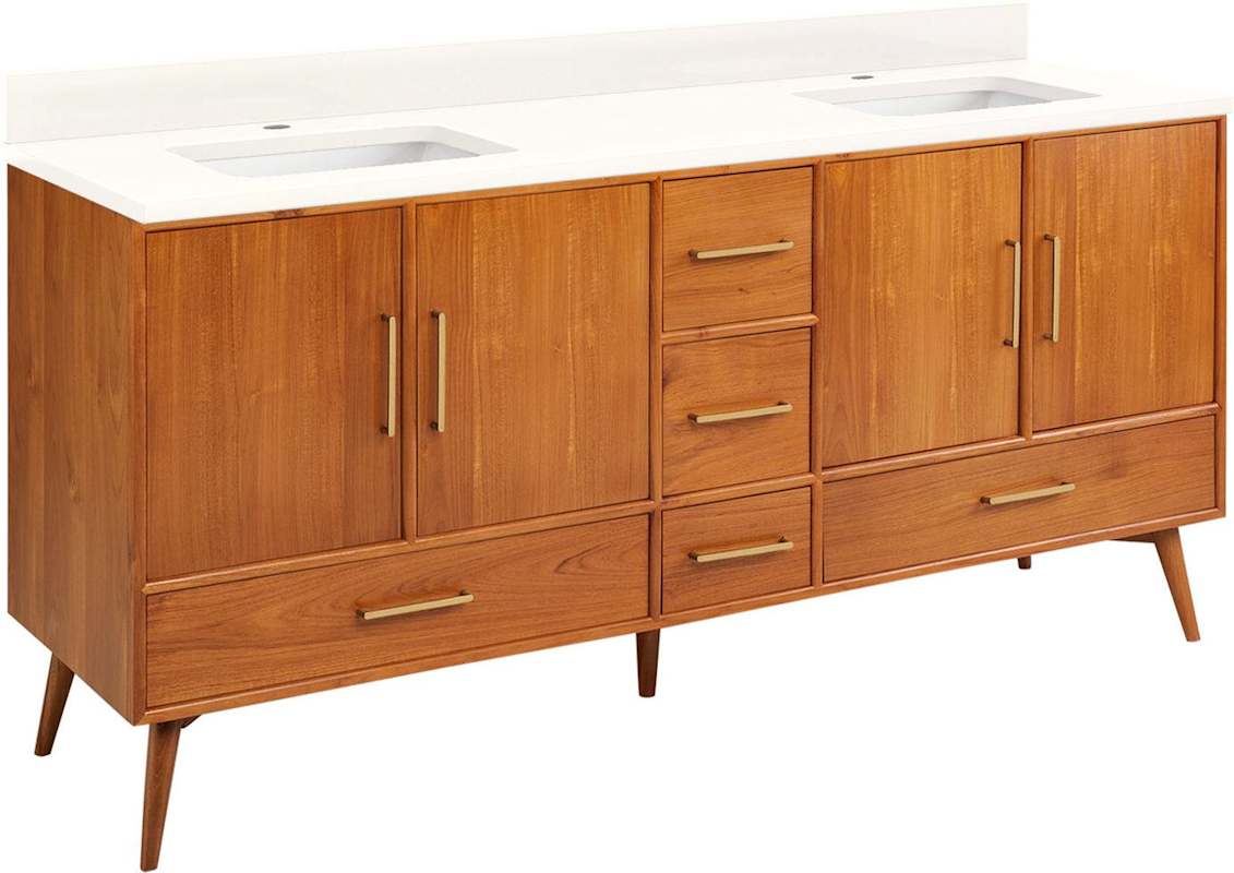 Signature Hardware Novak 72-inch Freestanding Teak Double-Basin Vanity Set with Cabinet, 73-inch Vanity Top, Rectangular Undermount Sinks, Single Faucet Holes