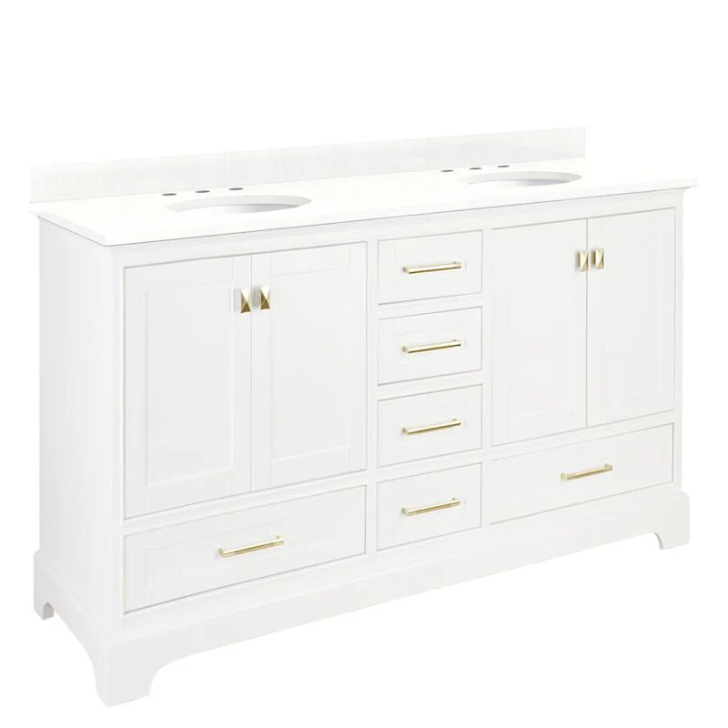 Signature Hardware Quen 72" Freestanding Double Basin Vanity Set with Cabinet, Vanity Top, and Oval Undermount Sinks – 8" Faucet Centers (Soft White / Feathered White)