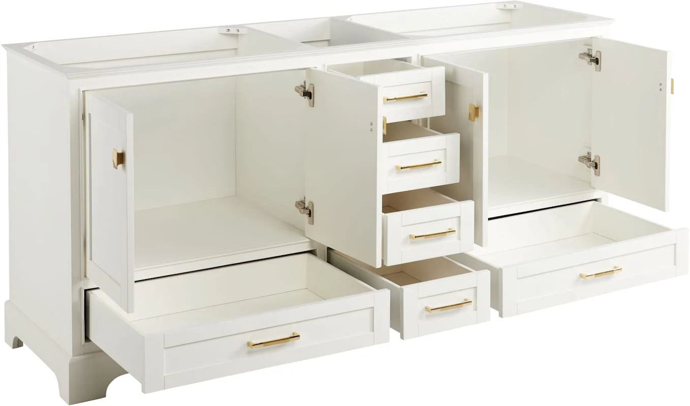 Signature Hardware Quen 72" Freestanding Double Basin Vanity Set with Cabinet, Vanity Top, and Oval Undermount Sinks – 8" Faucet Centers (Soft White / Feathered White) - Image 2