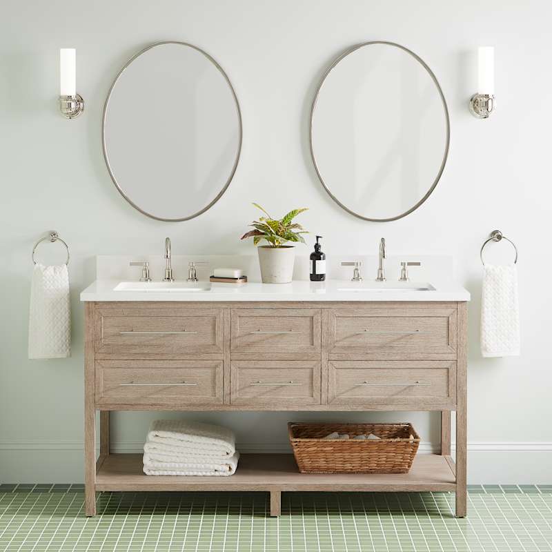 Signature Hardware Robertson 60" Double Vanity Set – Mahogany Console Cabinet with Quartz Top and Rectangular Undermount Sinks, 8" Widespread (1-1/2" Faucet Holes)