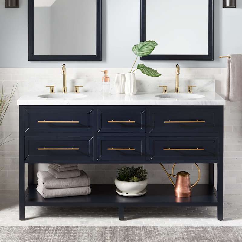 Signature Hardware Robertson 60" Mahogany Wood Double Vanity Cabinet Only – Midnight Navy Blue