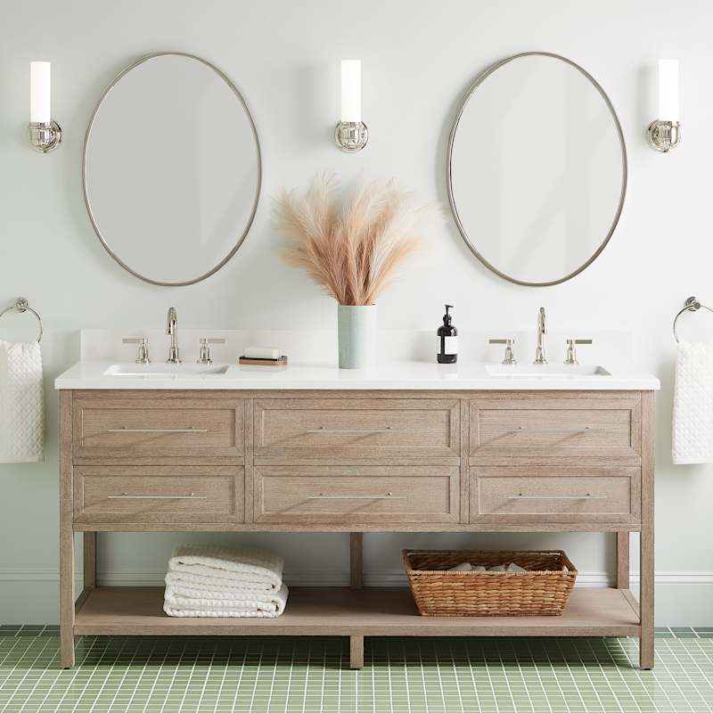 Signature Hardware Robertson 72" Double Vanity Set – Brushed White Mahogany Cabinet, Quartz Top, Rectangular Undermount Sinks, 8" Widespread / 1-1/2" Faucet Holes