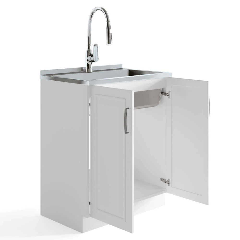 Simpli Home Darwin 28-Inch Utility Sink & Cabinet in White with Stainless Steel Sink - Image 3