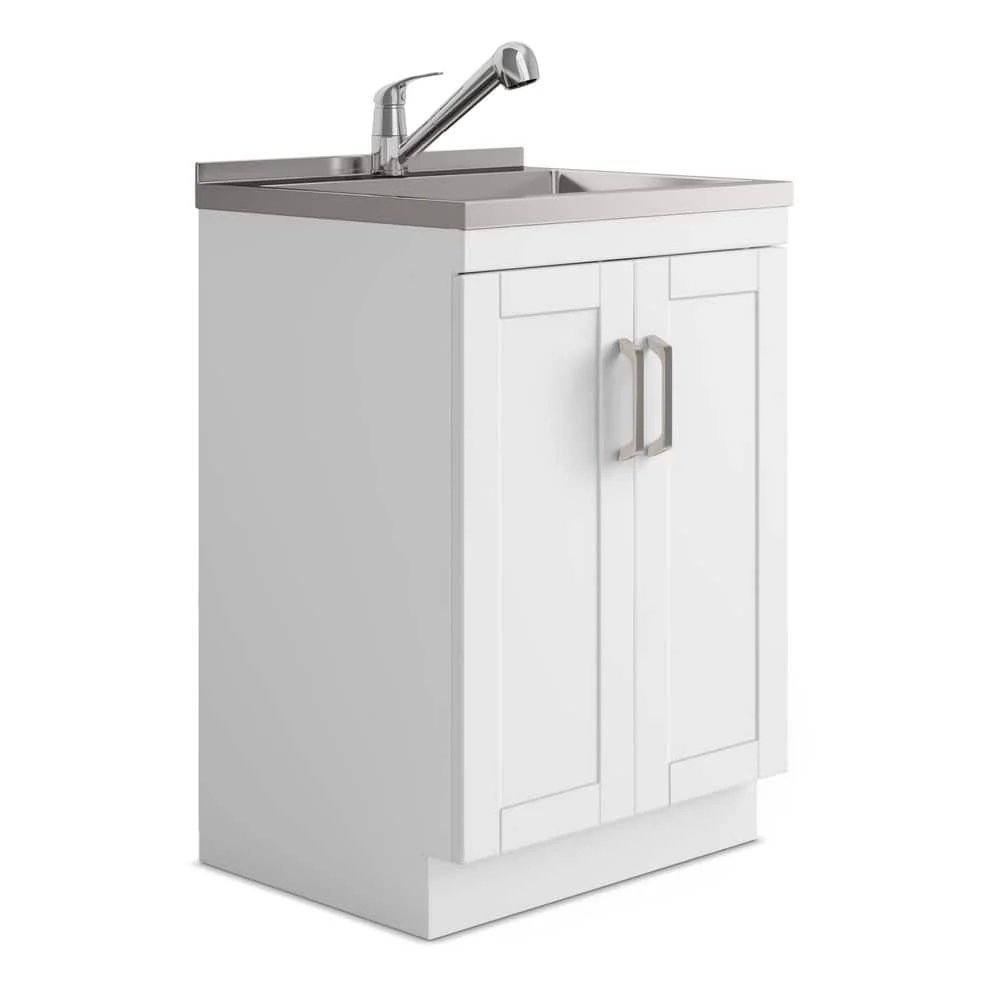 Simpli Home Kyle 24-inch Utility Laundry Sink with Cabinet in Pure White