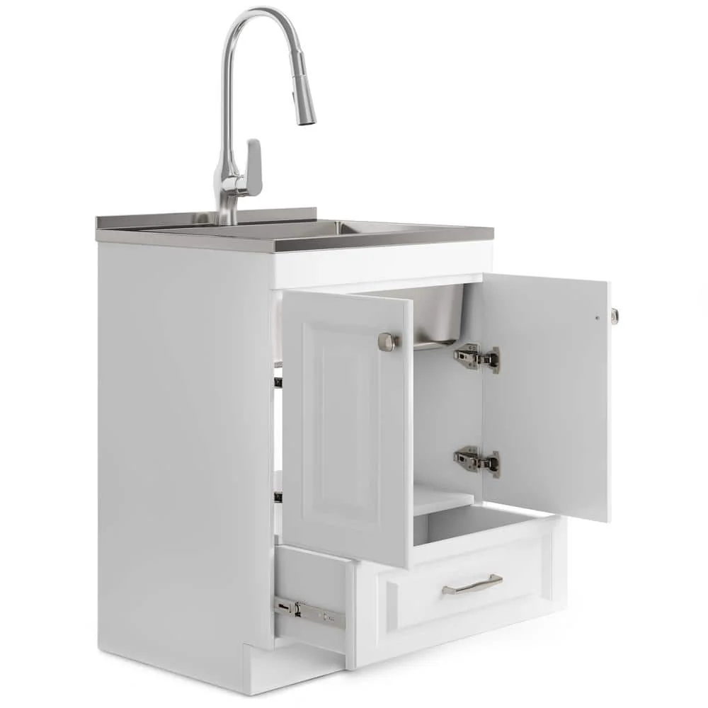 Simpli Home Lawrence All-in-One 28-inch Utility Laundry Sink Cabinet, Pure White - Image 3